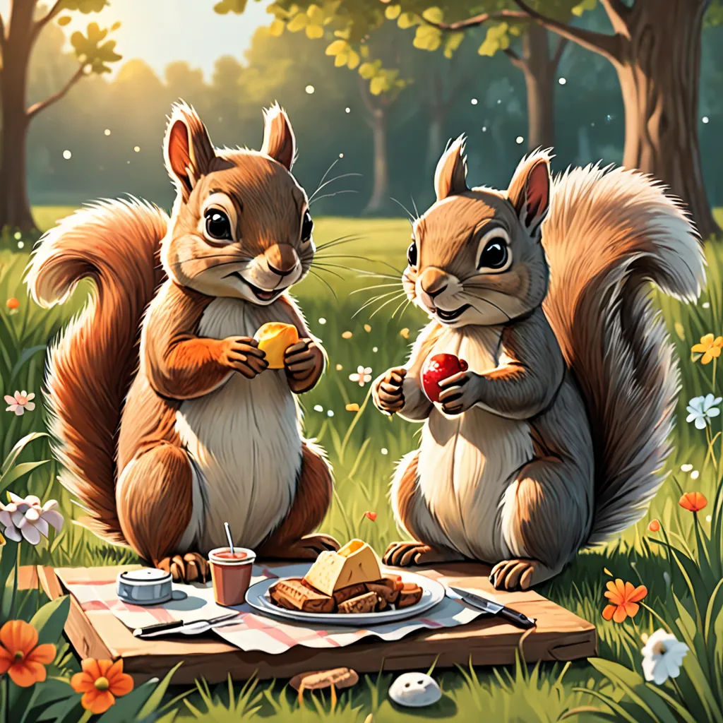a painting of two squirrels eating food in a park setting with flowers and trees in the background, one of them is eating a piece of bread, altermodern, a storybook illustration, Chris LaBrooy, official art