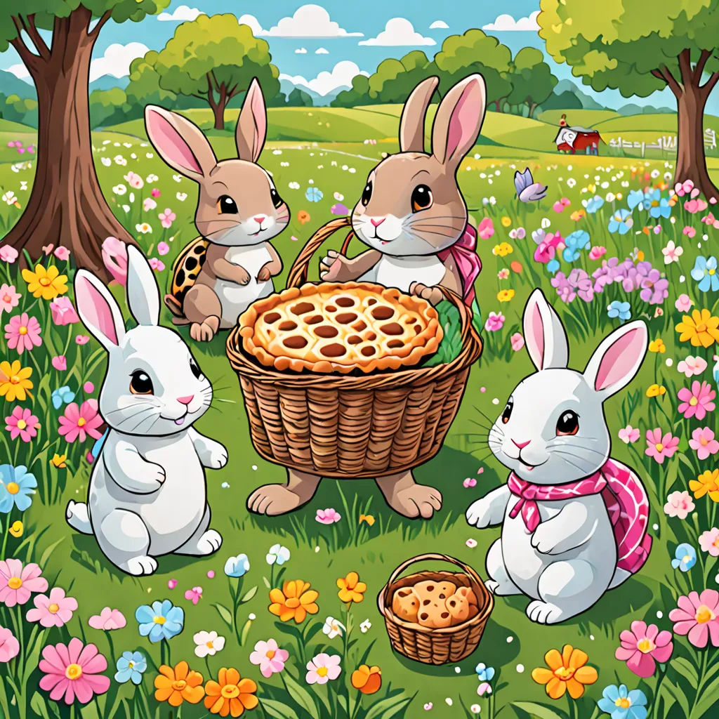 three rabbits are sitting in a field with a basket of cookies and a basket of cookies in front of them, naive art, a storybook illustration, Beatrix Potter, detailed illustration