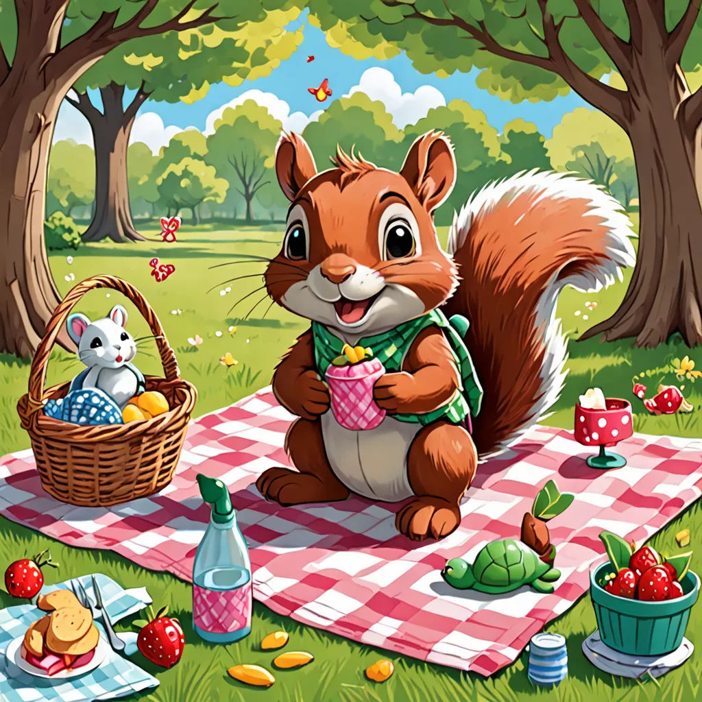 a squirrel sitting on a picnic blanket with a picnic basket and a mouse in the background, surrounded by picnic items, american scene painting, a storybook illustration, Chris LaBrooy, storybook illustration