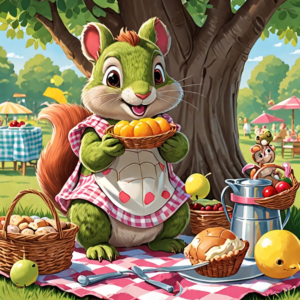 a cartoon squirrel is holding a basket of food on a picnic blanket in the park with other picnic items, american scene painting, a storybook illustration, Chris LaBrooy, official art