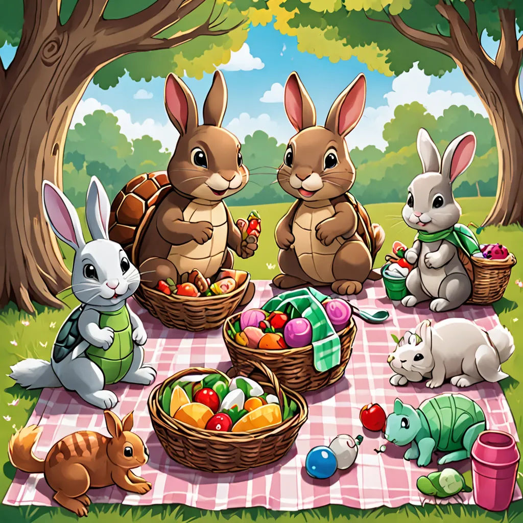 a picnic scene with rabbits and other animals eating food on a blanket in the grass and trees in the background, sots art, a storybook illustration, Beatrix Potter, game art