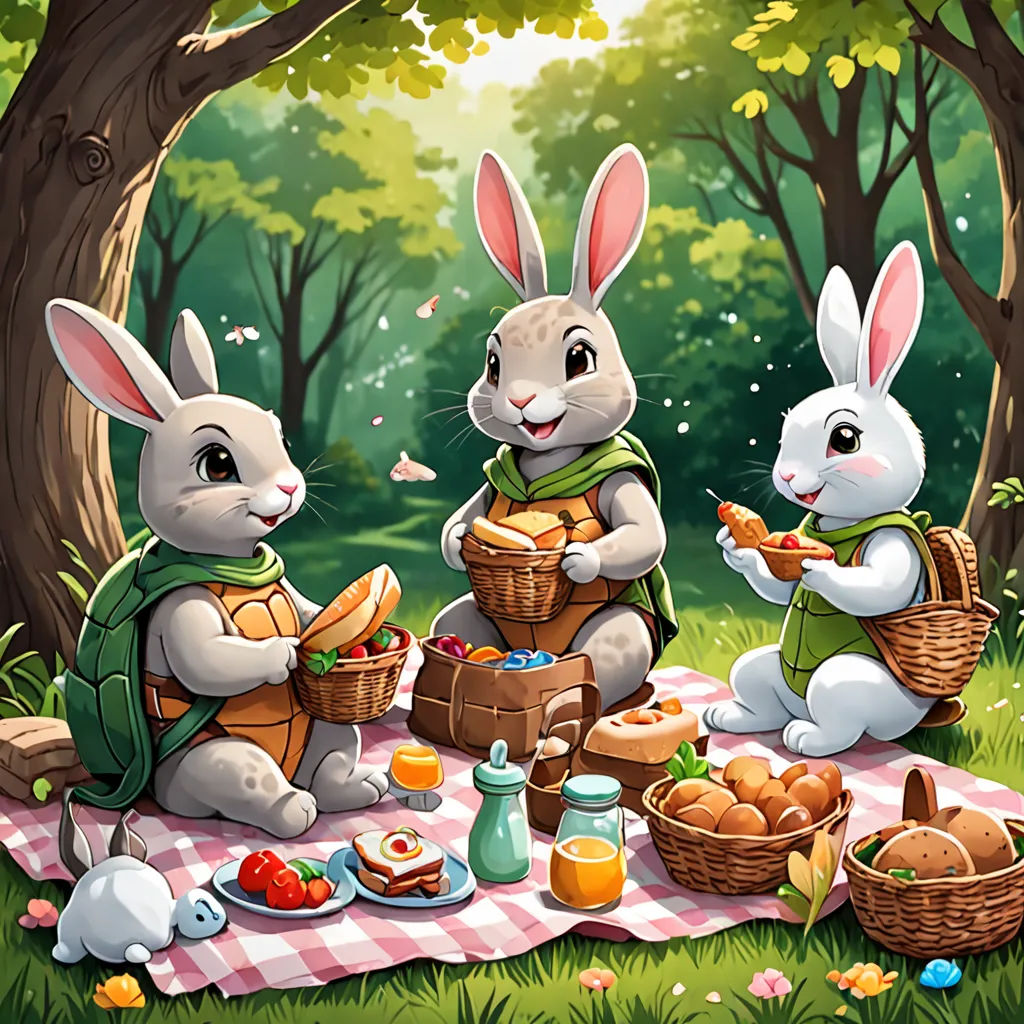 two rabbits sitting on a picnic blanket eating food and drinking tea in the woods with a picnic blanket on the ground, sots art, a detailed painting, Beatrix Potter, key art