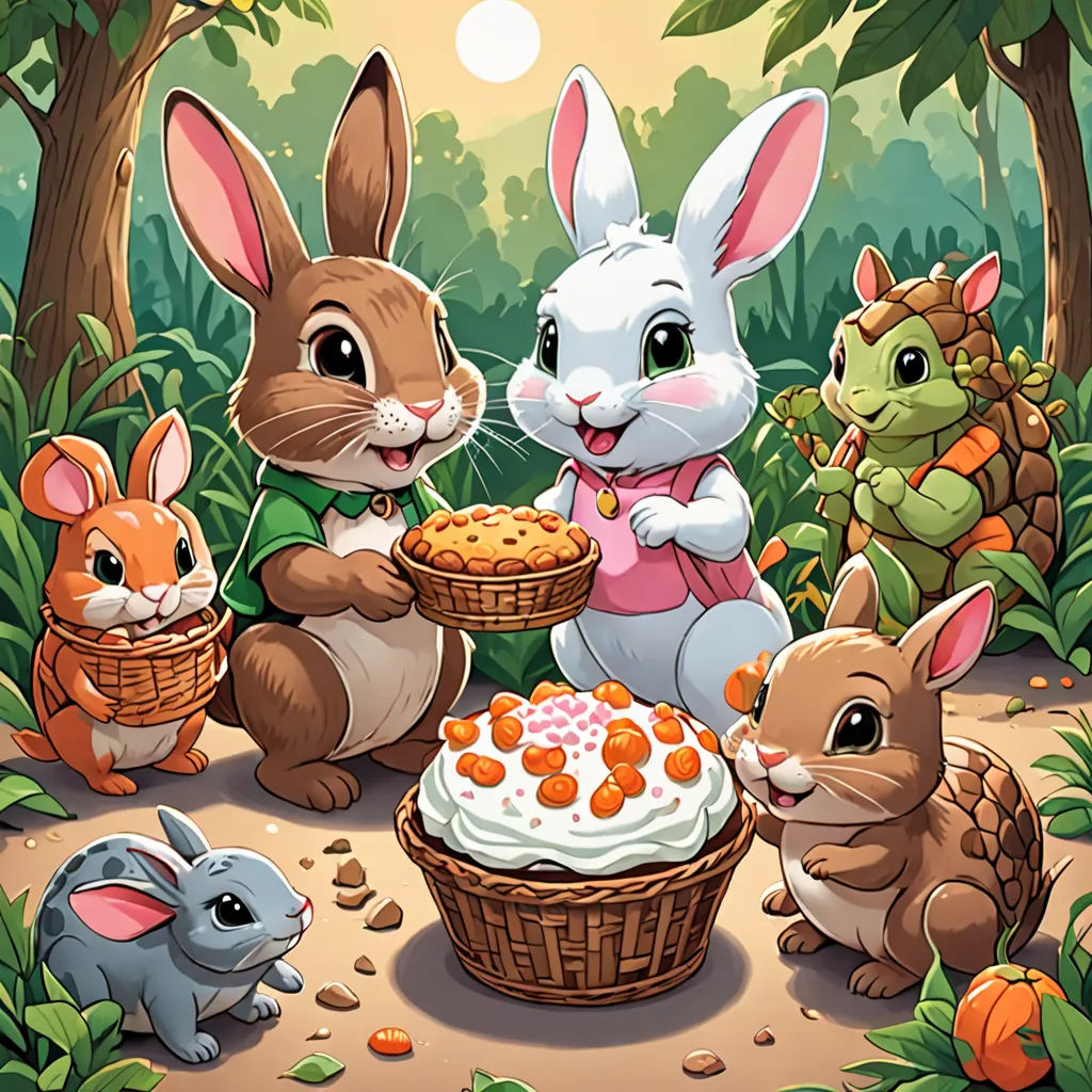 a group of rabbits standing around a cake in the forest with a forest background and a forest scene with a forest scene, furry art, a storybook illustration, Beatrix Potter, highly detailed digital painting