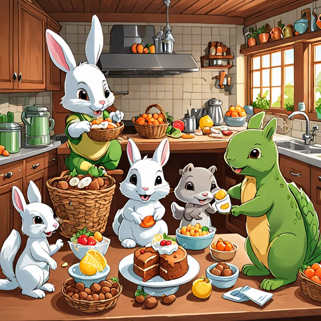 a group of rabbits eating food in a kitchen with a green dragon and a green dragon sitting on the counter, furry art, a storybook illustration, Beatrix Potter, official art