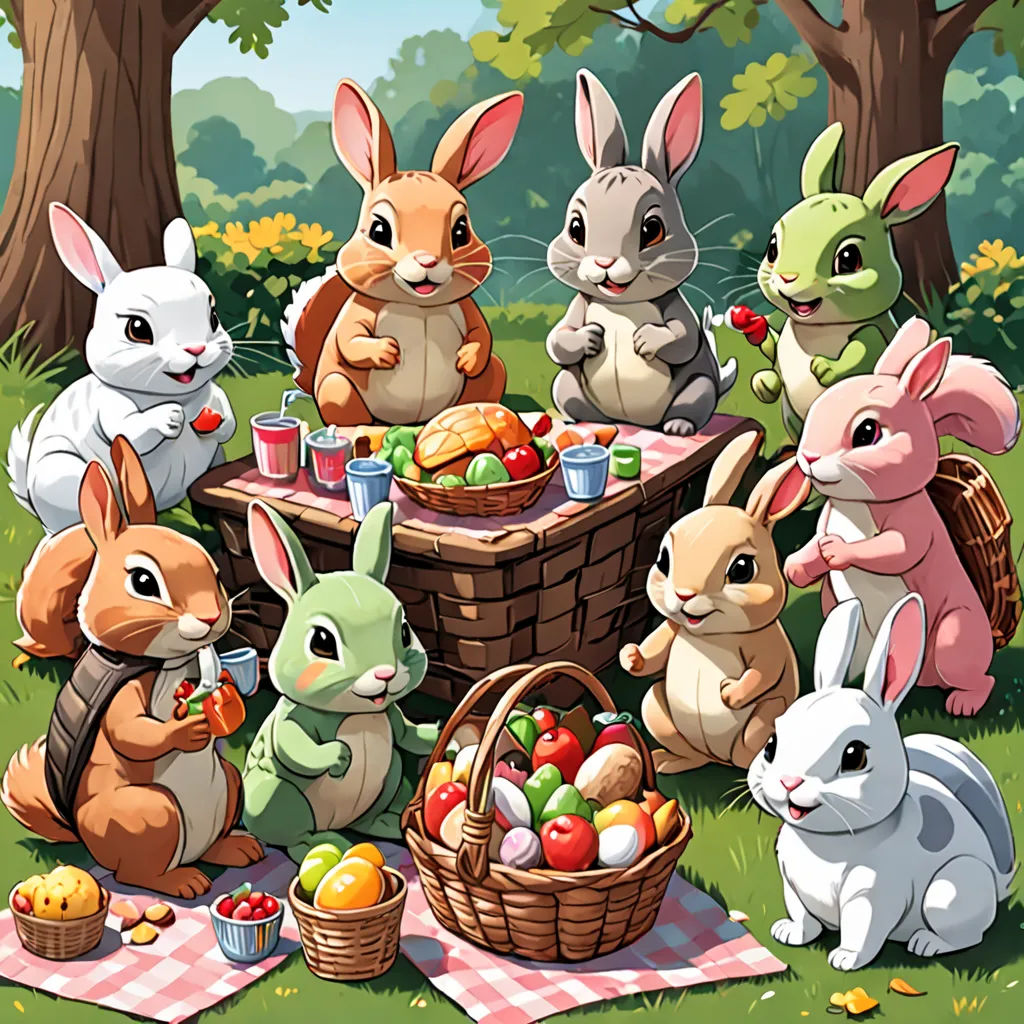 a group of rabbits sitting around a picnic table with food and drinks on it, in a park setting, furry art, a detailed painting, Beatrix Potter, game art