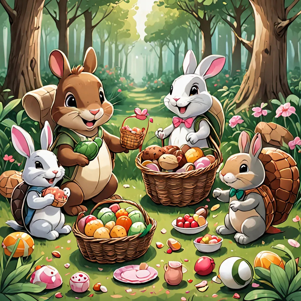 a painting of a group of rabbits in a forest with eggs and a basket of eggs in the foreground, furry art, a storybook illustration, Dan Mumford, official art