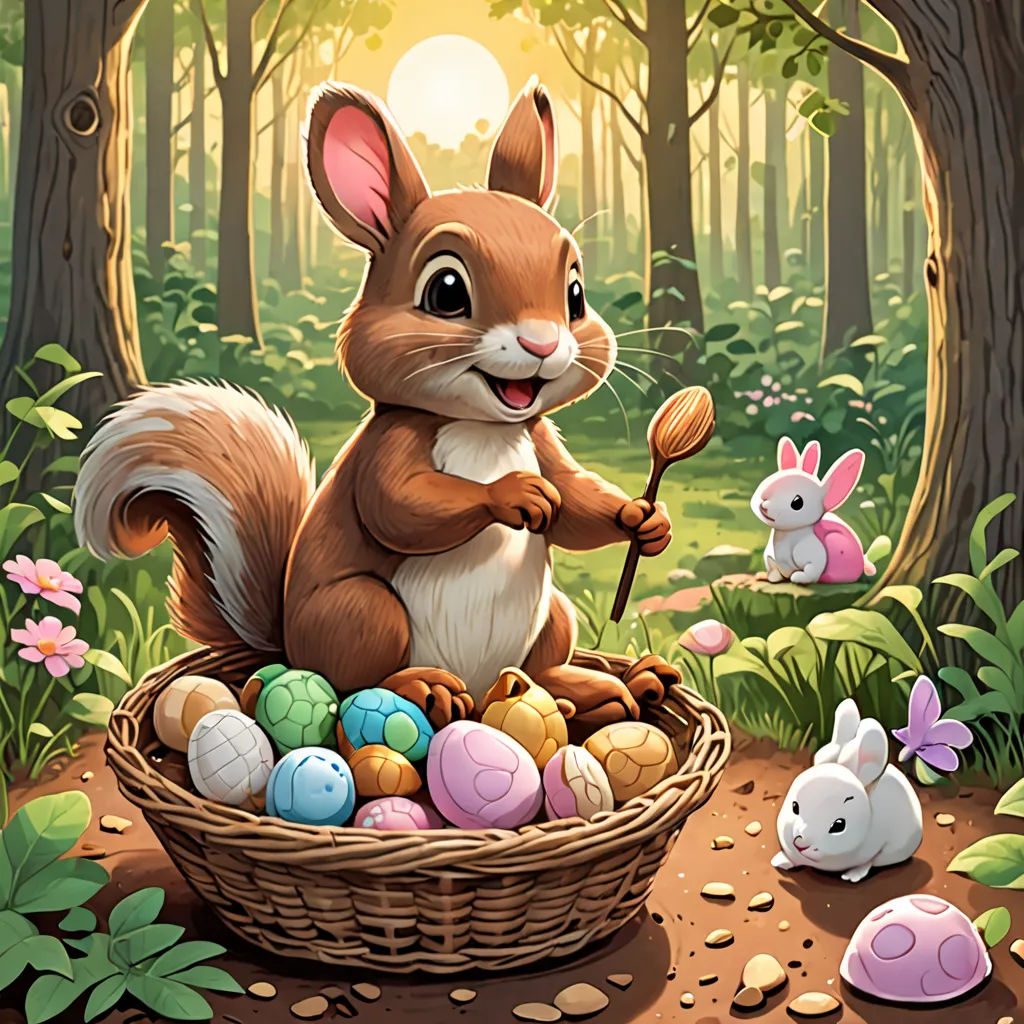 a painting of a squirrel holding a stick in a basket filled with eggs and other animals in the woods, furry art, a storybook illustration, Dan Mumford, official art