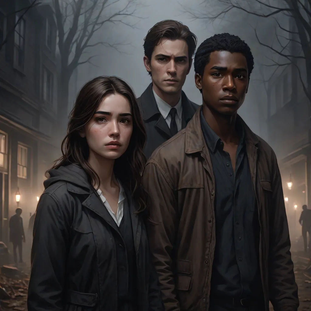 a group of people standing in front of a building in the dark with a man in a brown jacket, a detailed matte painting, David Palumbo, american scene painting, key art