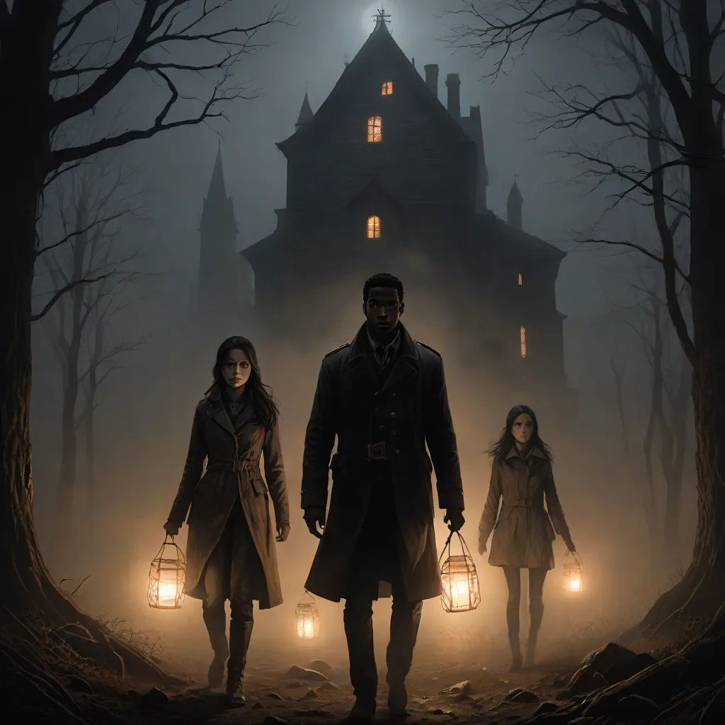 a man and a woman standing in front of a creepy house with lanterns in their hands and a lantern in their hand, poster art, Dirk Crabeth, gothic art, key art