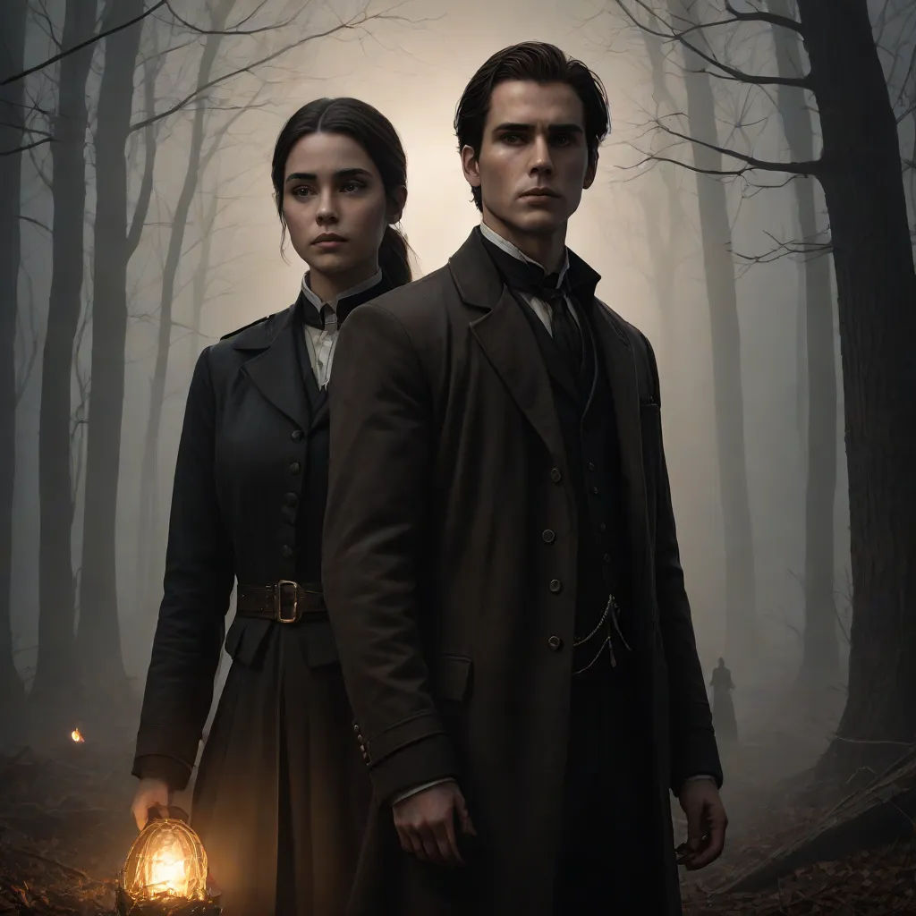 a man and a woman standing in a forest with a lantern in their hands, in front of a foggy background, a poster, Dirk Crabeth, international gothic, promotional image