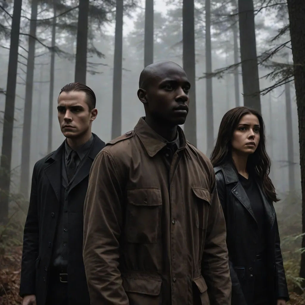 a group of people standing in a forest in the fog with trees in the background and fog in the air, a poster, Dirk Crabeth, antipodeans, promotional image