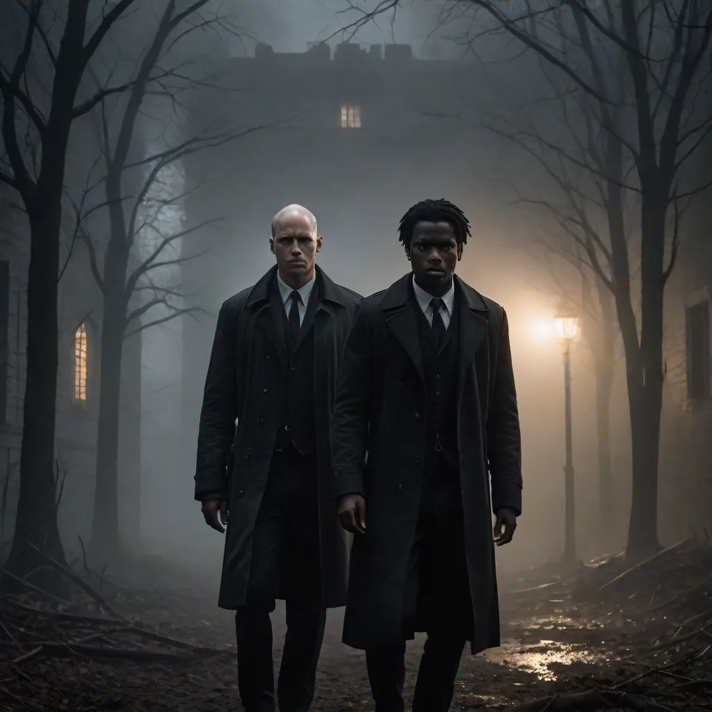 two men in coats and ties walking in a dark forest at night with a light on the building in the background, a poster, Altichiero, international gothic, promotional image