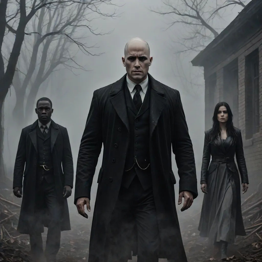 a group of people in a creepy scene with a man in a suit and tie and a woman in a dress, a poster, Edi Rama, international gothic, promotional image