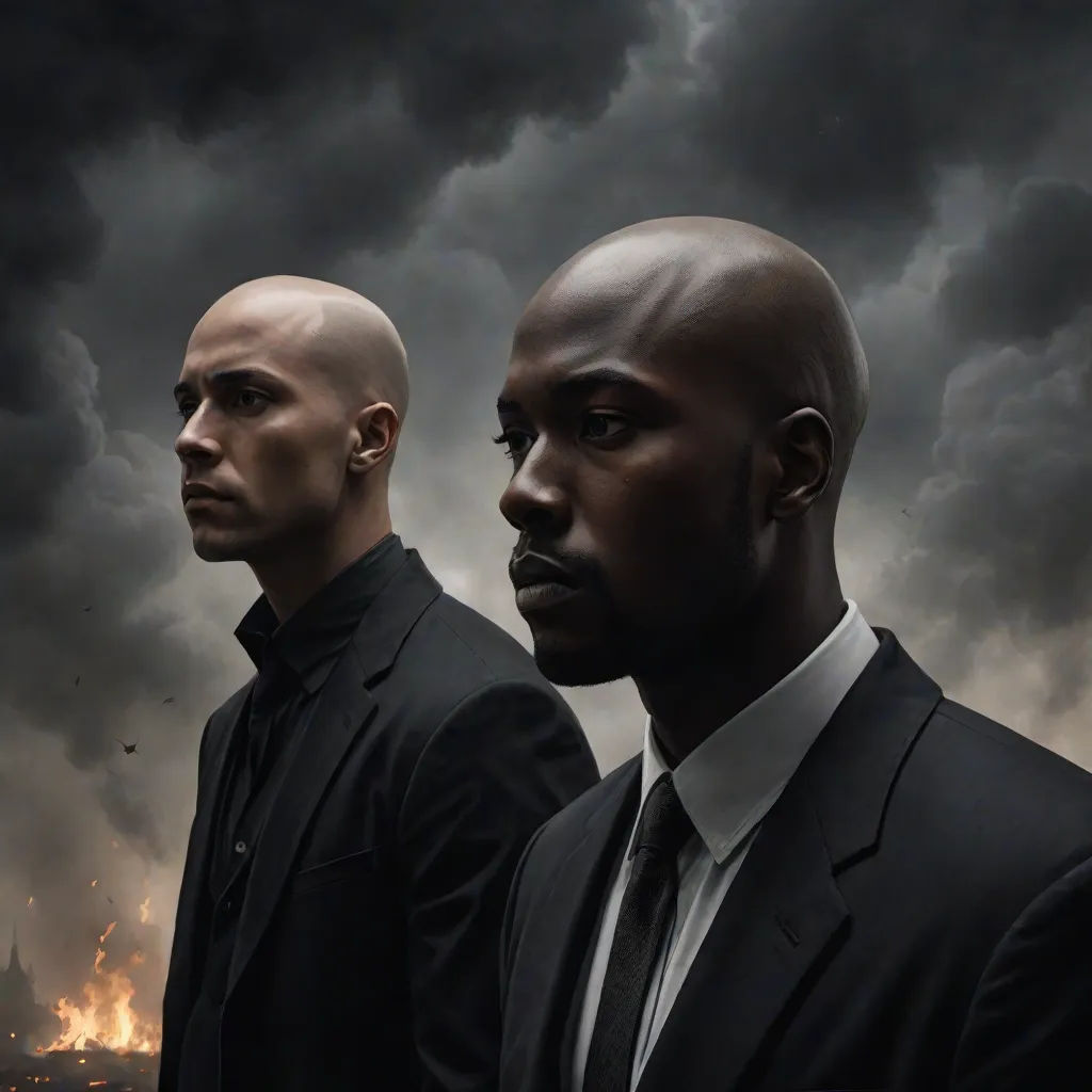 two men in suits stand in front of a dark sky with a city in the background and a dark cloud, poster art, Derold Page, serial art, promotional image