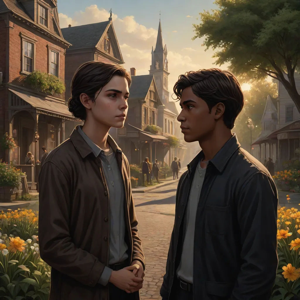 two young men standing in front of a house with a clock tower in the background and flowers in the foreground, concept art, Aaron Jasinski, american scene painting, key art