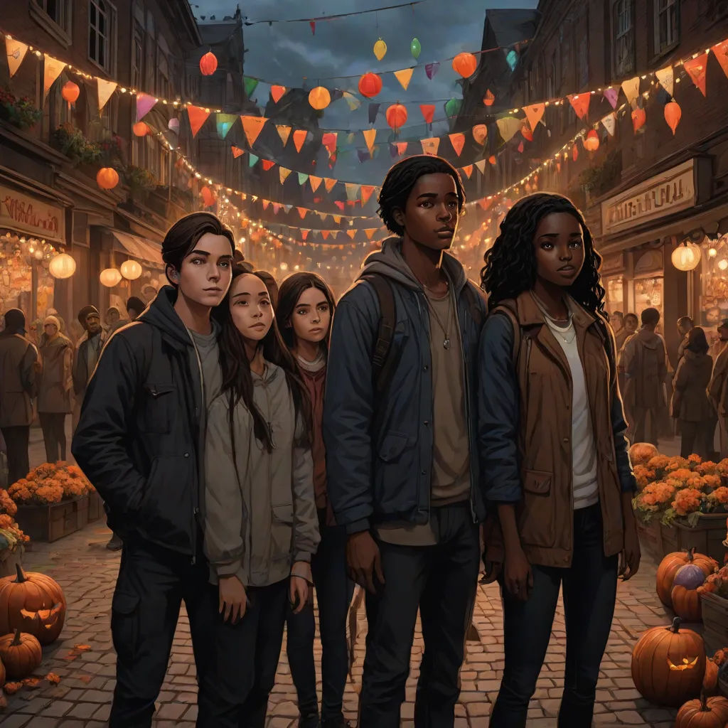 a group of people standing in front of a store with pumpkins on the ground and lights strung over the storefront, concept art, Ada Gladys Killins, american scene painting, official art