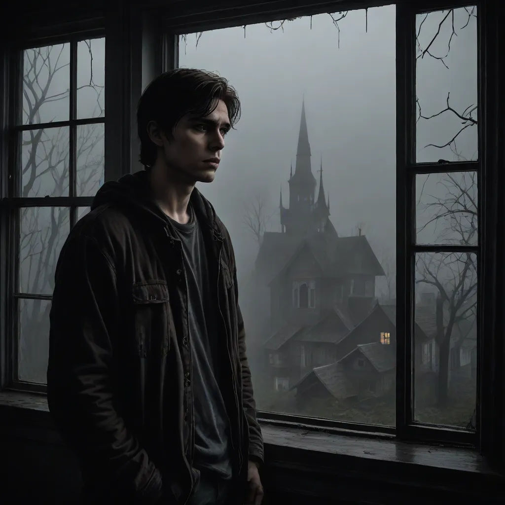 a man standing in front of a window in a dark room with a church in the background and fog, poster art, Cedric Seaut (Keos Masons), gothic art, promotional image