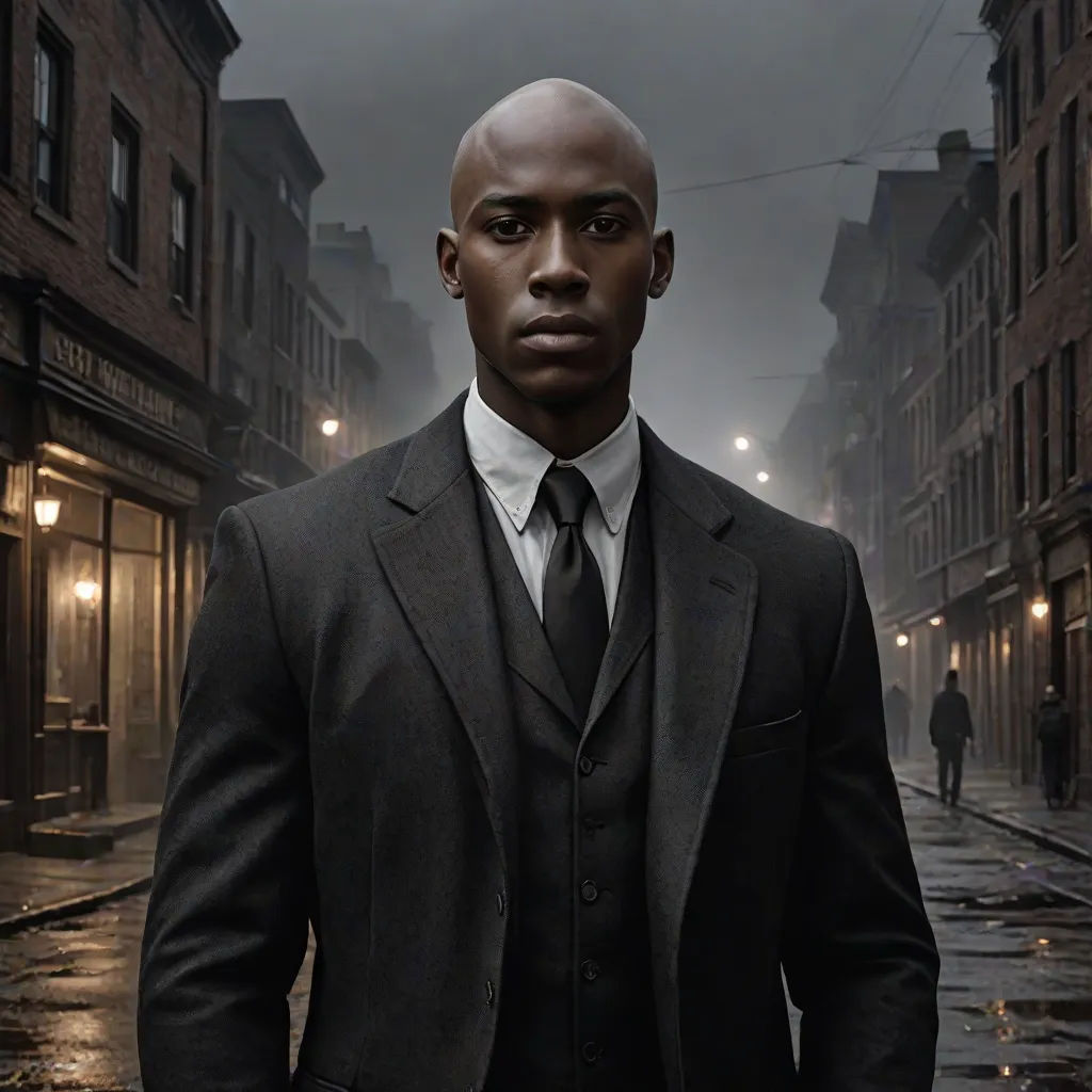 a man in a suit and tie standing in the rain in a city street at night with a dark background, a character portrait, Derold Page, harlem renaissance, promotional image