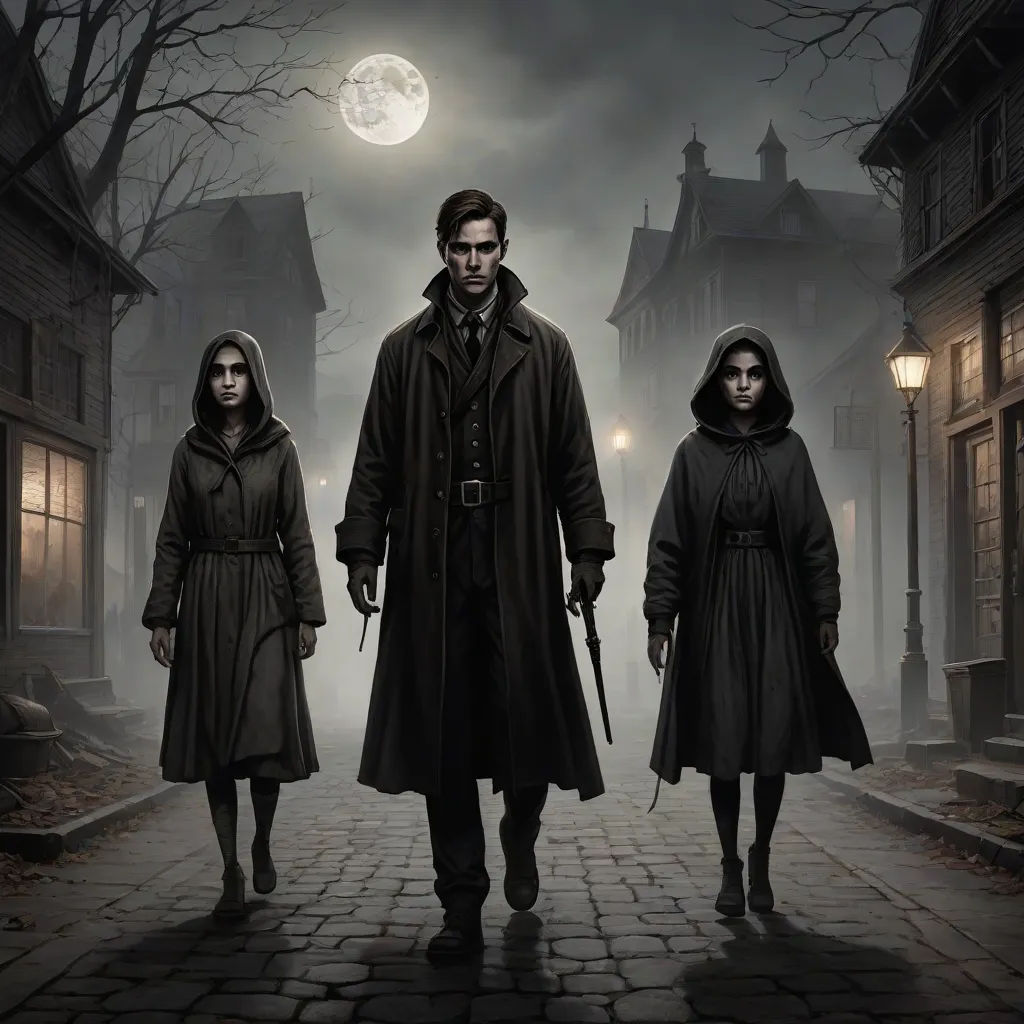a group of people walking down a street in front of a full moon with a person holding a knife, concept art, Dirk Crabeth, gothic art, key art