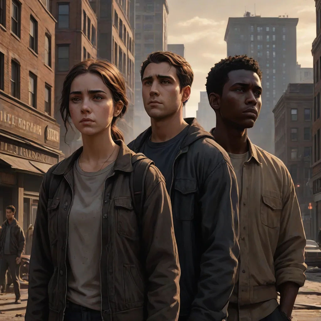 a group of people standing in a city street with buildings in the background and a man in the foreground, a painting, Clint Cearley, american scene painting, key art