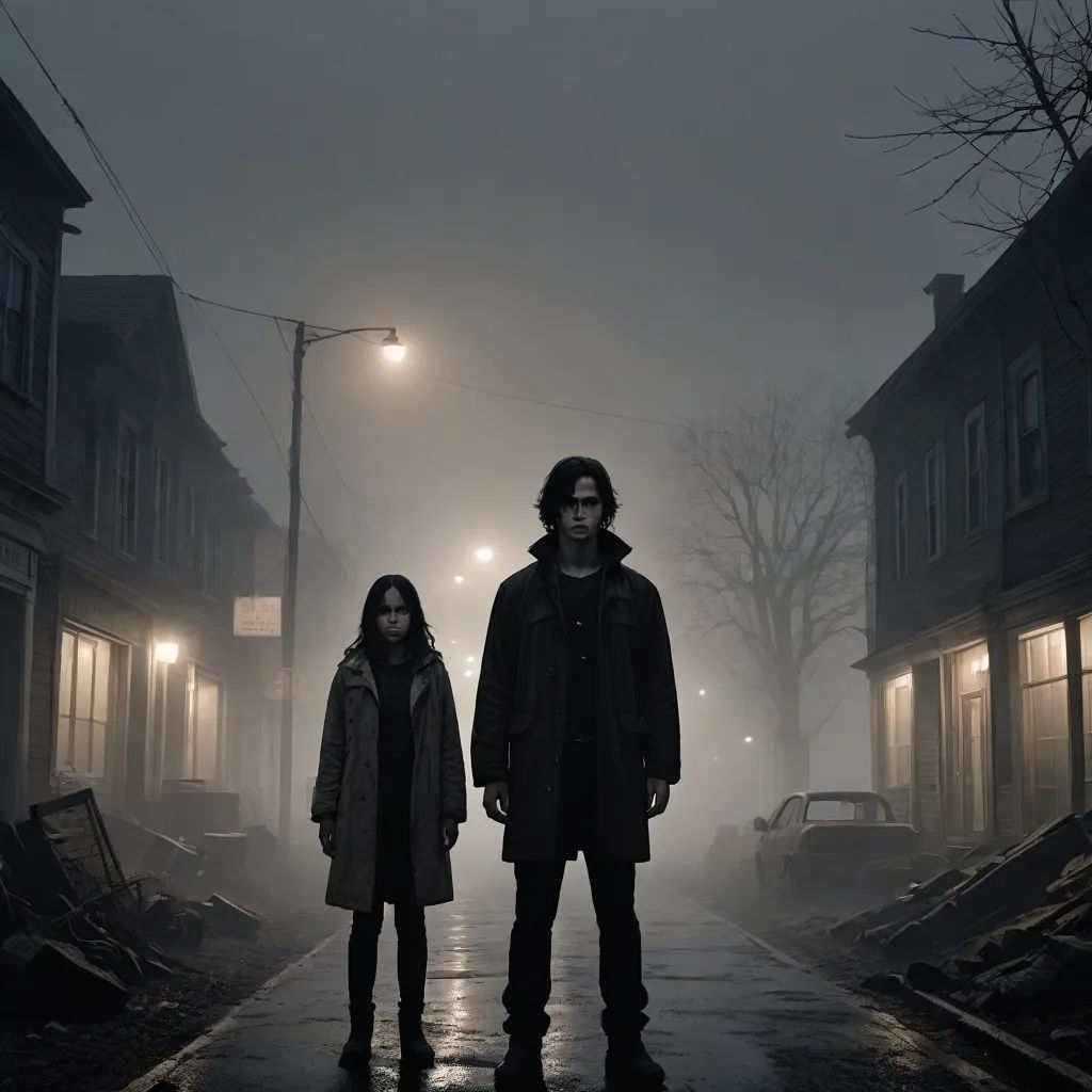 a couple standing in the rain in a dark street at night with a street light in the background and a car parked on the side of the road, a matte painting, Felix-Kelly, international gothic, promotional image