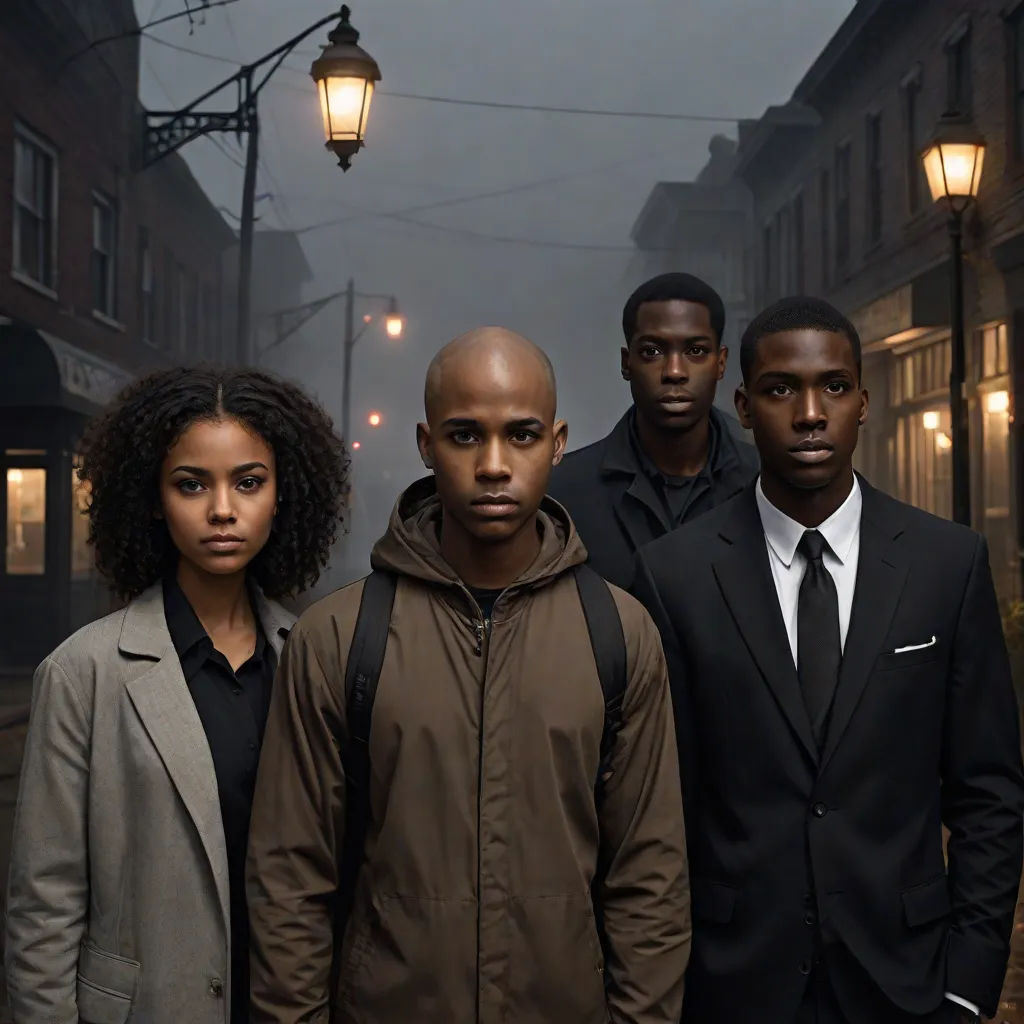 a group of people standing in a street at night with a light on in the background and a man in a suit and tie, a poster, Carrie Mae Weems, black arts movement, promotional image