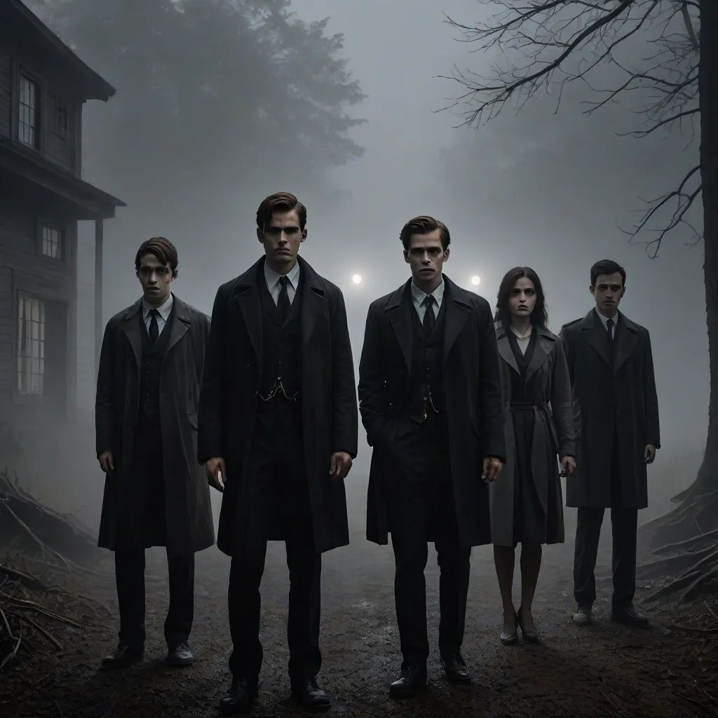 a group of people standing in front of a house in the fog with a flashlight on their head and a house in the background, a poster, Ada Gladys Killins, antipodeans, promotional image