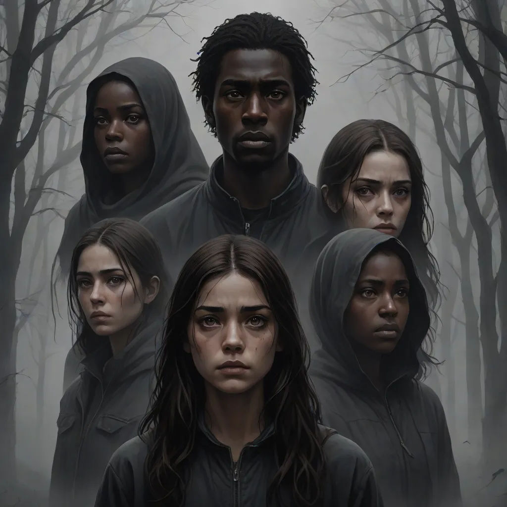 a group of people in hooded clothing standing in a forest with trees and fogs behind them, all looking at the camera, poster art, Dirk Crabeth, sots art, key art