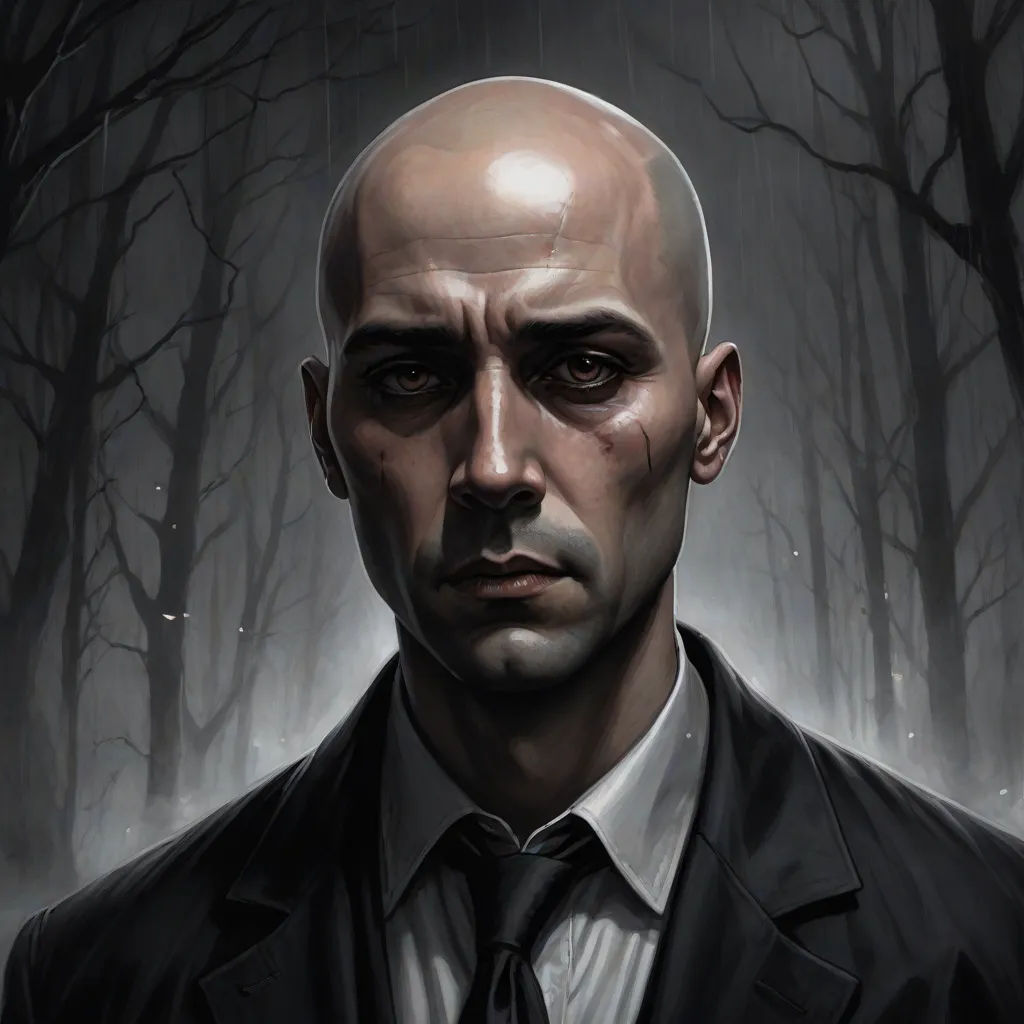 a man in a suit and tie in a forest with trees and fogs on the ground, with a bald head and a black jacket, a character portrait, David Palumbo, fantastic realism, artem demura