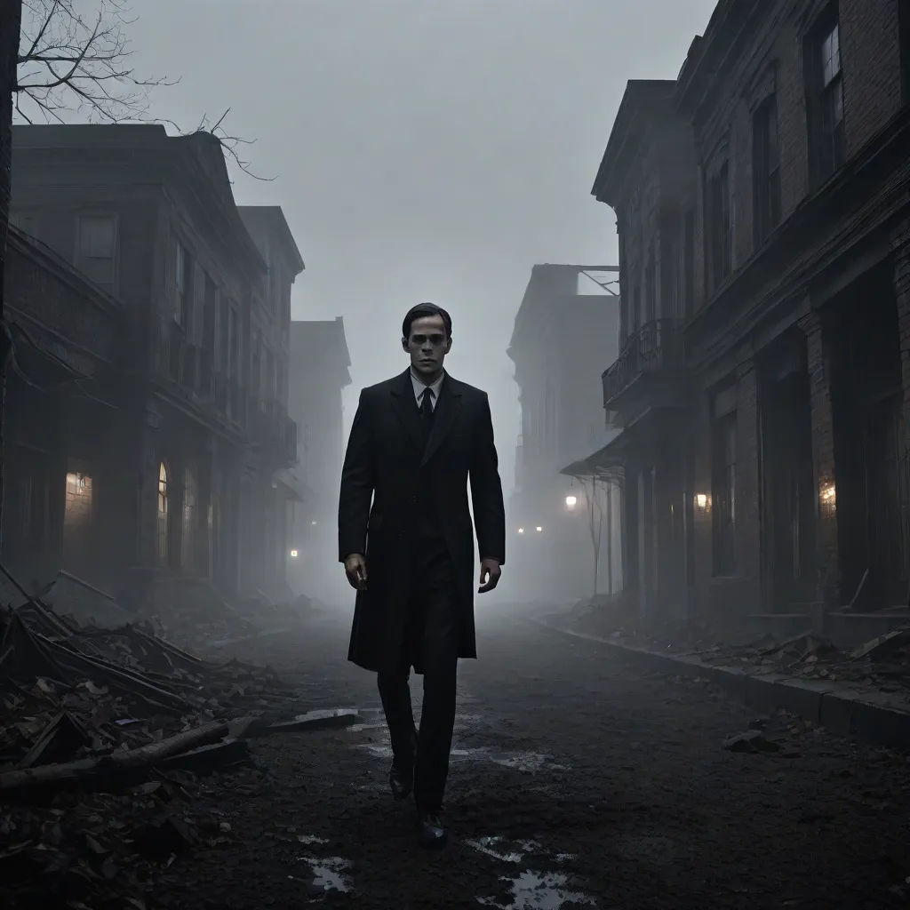 a man in a suit and tie walking down a street in the foggy city with buildings in the background, a matte painting, Edward Otho Cresap Ord, II, aestheticism, promotional image