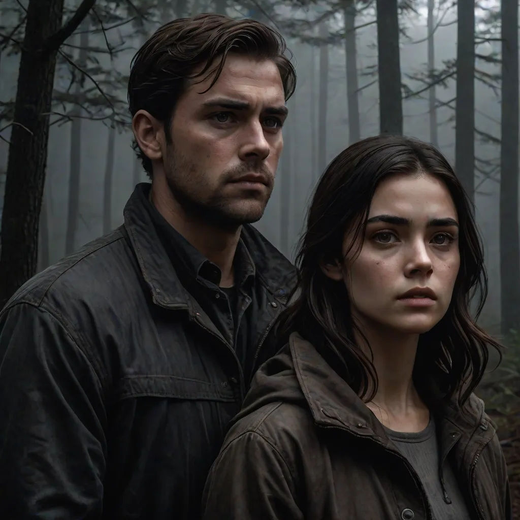 a man and a woman standing in a forest in the fog, looking at the camera, with trees in the background, a poster, Ejler Bille, antipodeans, promotional image