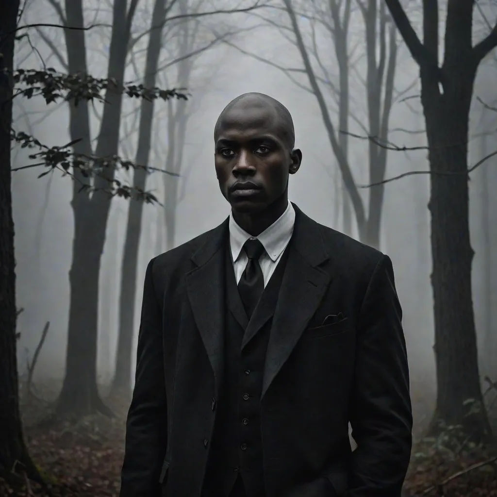 a man in a suit standing in a forest with fog in the background and trees in the foreground, a character portrait, Derold Page, harlem renaissance, cinematic photography