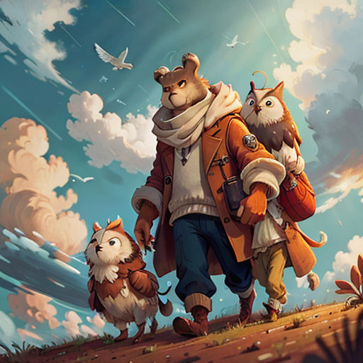 a man walking with two dogs in a field with a sky background and clouds in the background, and a bird flying overhead