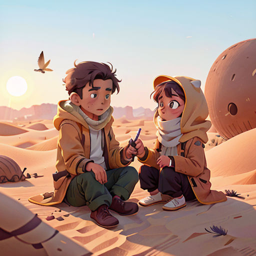 a couple of kids sitting on top of a desert field next to a bird flying over them and a bird flying over them