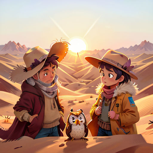 two people in hats and a penguin in the desert with mountains in the background and a sun in the sky