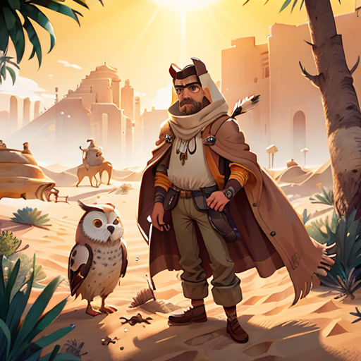 a man in a desert with an owl and a bird in front of him, with a city in the background