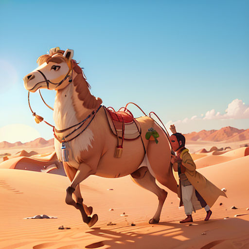 a man standing next to a camel in the desert with a man standing next to it on a horse