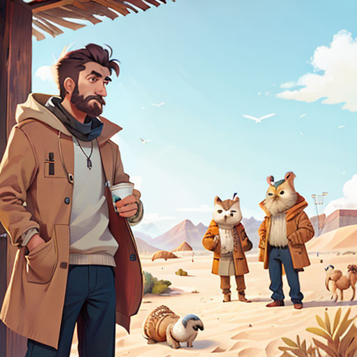 a man standing in the desert with a cup of coffee in his hand and a dog in the other hand