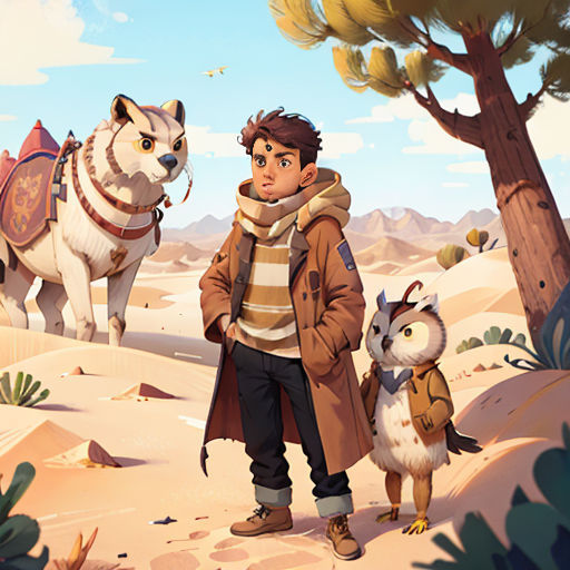 a man standing next to a dog and an owl in a desert area with a sky background and a tree