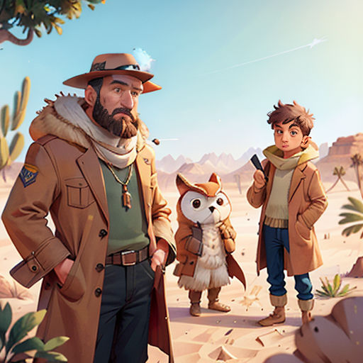 a man and a woman standing in the desert with a small owl in his hand and a man in a hat and coat