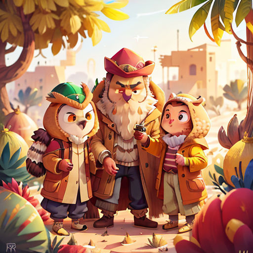 a group of people standing in a forest next to a forest filled with trees and plants and a bird