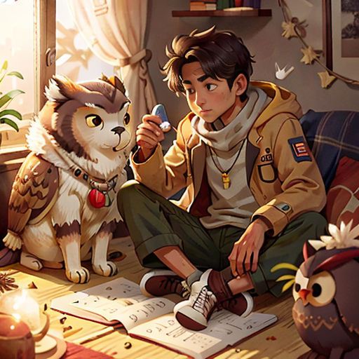 a boy sitting on a couch next to a cat and a dog with a microphone in his hand and a book in his hand