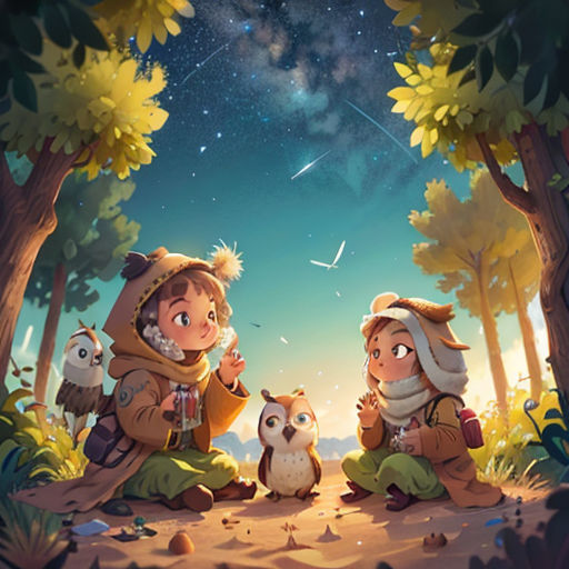 two children sitting on the ground in the woods looking at an owl and a star filled sky above them