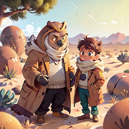 a man and a boy standing in the desert with a bear on his shoulder and a bird on his shoulder
