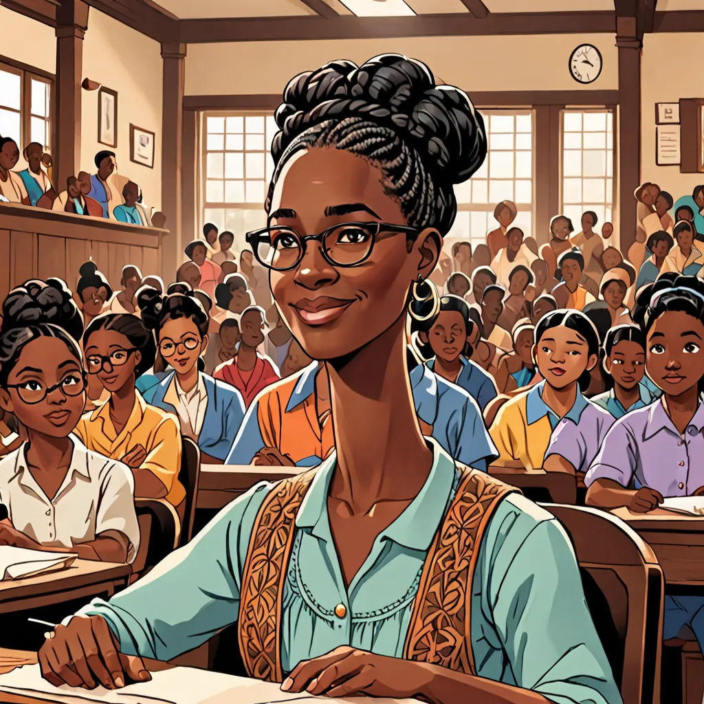 a woman sitting at a desk in front of a classroom full of students with a book in her hand, harlem renaissance, a comic book panel, Constance Gordon-Cumming, official art