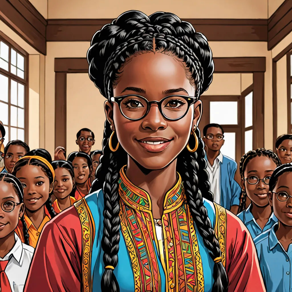 a woman with glasses and braids standing in front of a group of people in a room with windows, afrofuturism, a comic book panel, Ella Guru, comic cover art