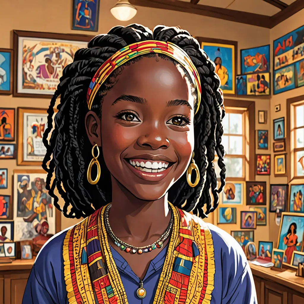 a woman with a colorful head piece and a smile on her face in a room with pictures on the walls, lyco art, a character portrait, Drew Struzan, comic cover art