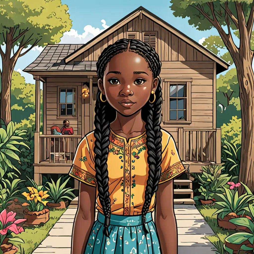 a girl in a yellow shirt and blue skirt standing in front of a small cabin with a porch and trees, american realism, a character portrait, Chinwe Chukwuogo-Roy, comic cover art