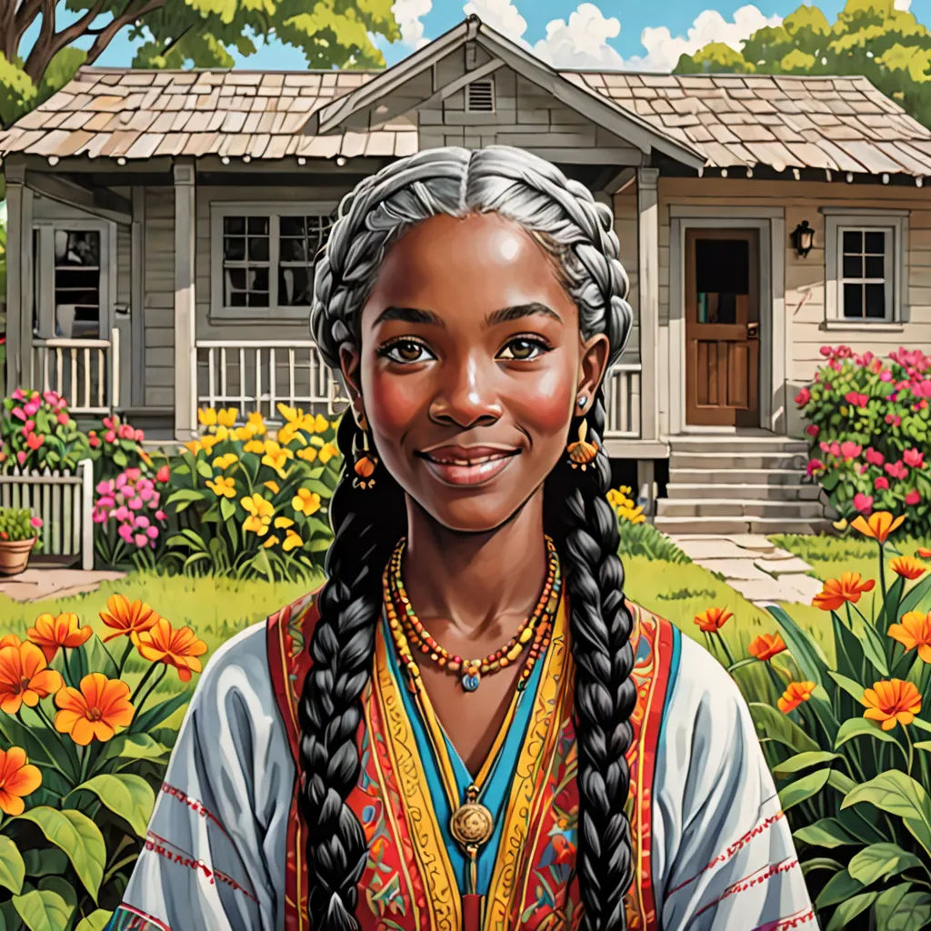 a painting of a woman in a native american dress in front of a house with flowers in the yard, american scene painting, a character portrait, Bob Byerley, promotional image