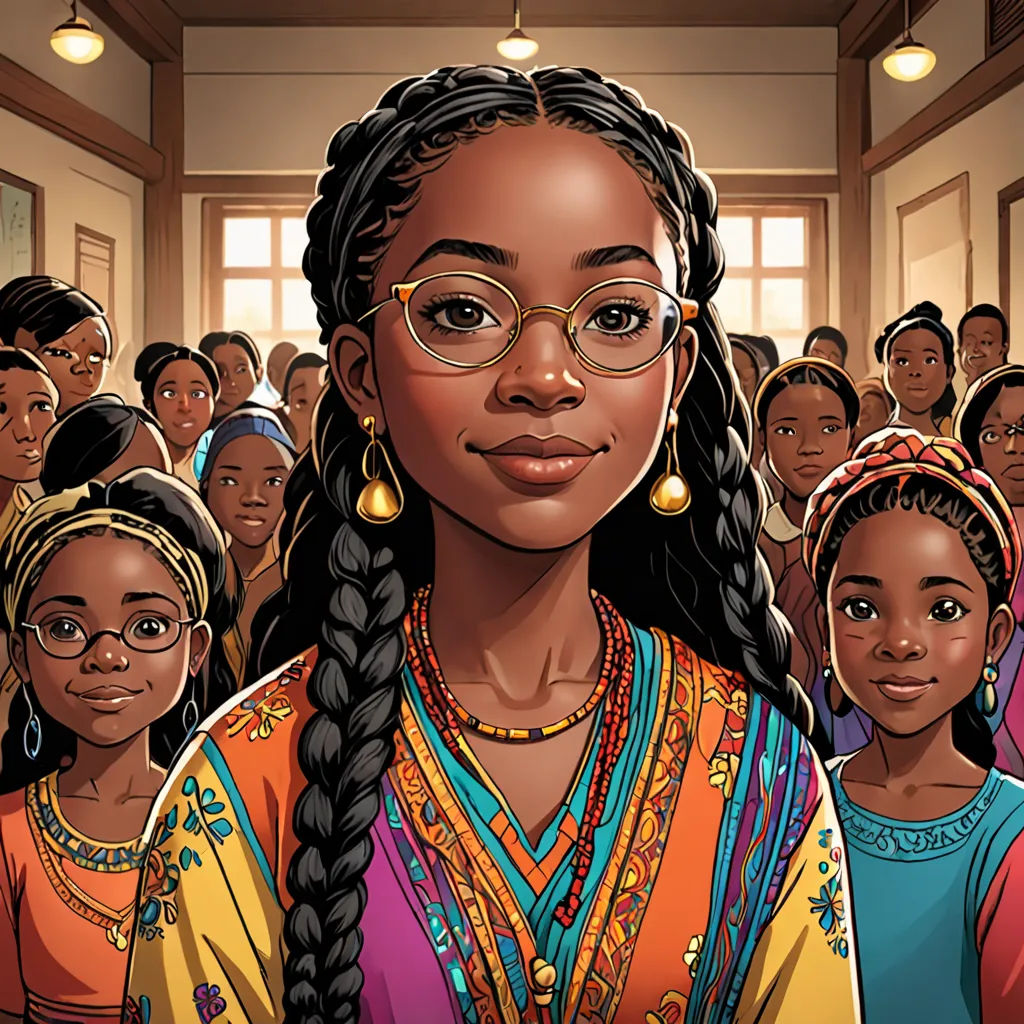 a woman with glasses standing in front of a crowd of people in a room with a window on the wall, harlem renaissance, a comic book panel, Chinwe Chukwuogo-Roy, comic cover art